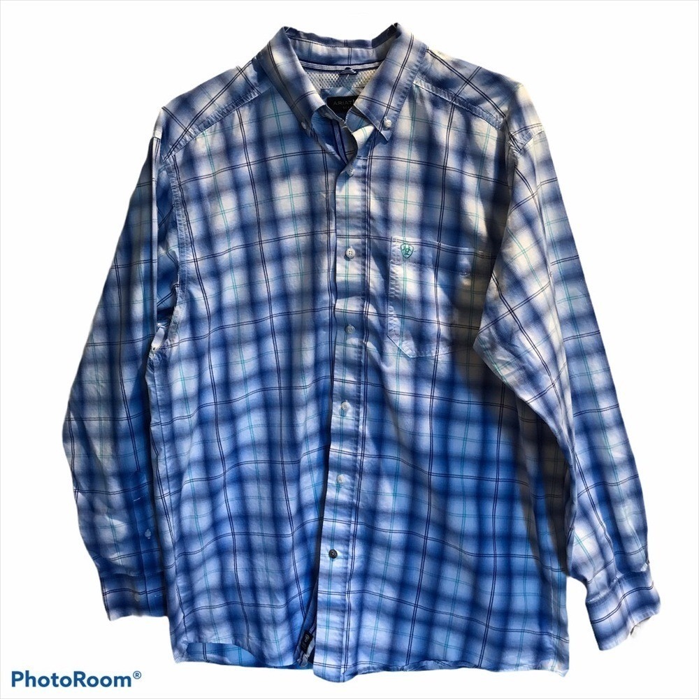 Ariat Pro Series Shirt L Blue Plaid Excellent Long Sleeve Western Button Down